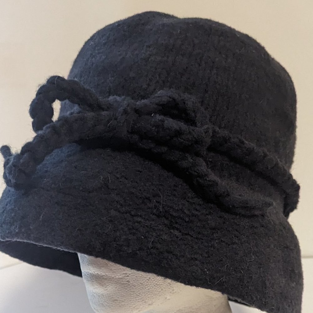 Vintage Wool‎ Blend Cloche Bucket Hat Removable Bow Black - Picture 5 of 5